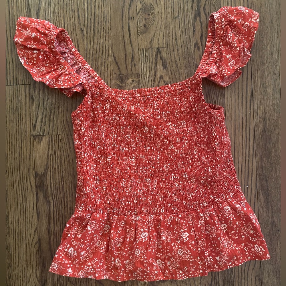 Madewell Red Floral Smocked Peplum Crop Top